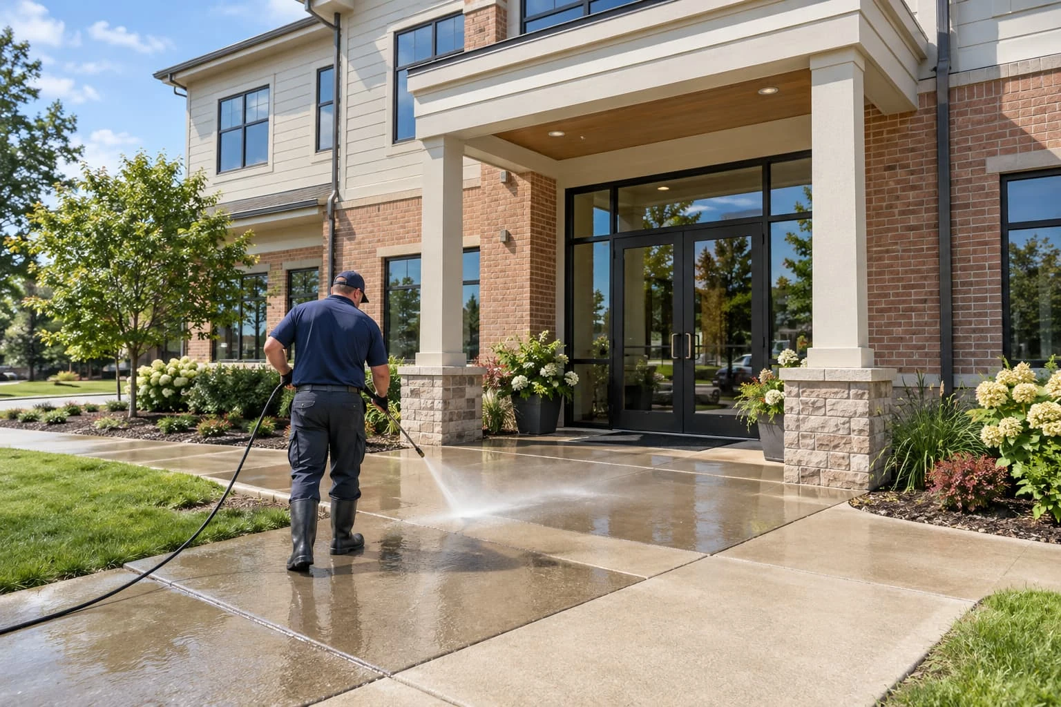 Commercial building entrance and walkway being pressure washed