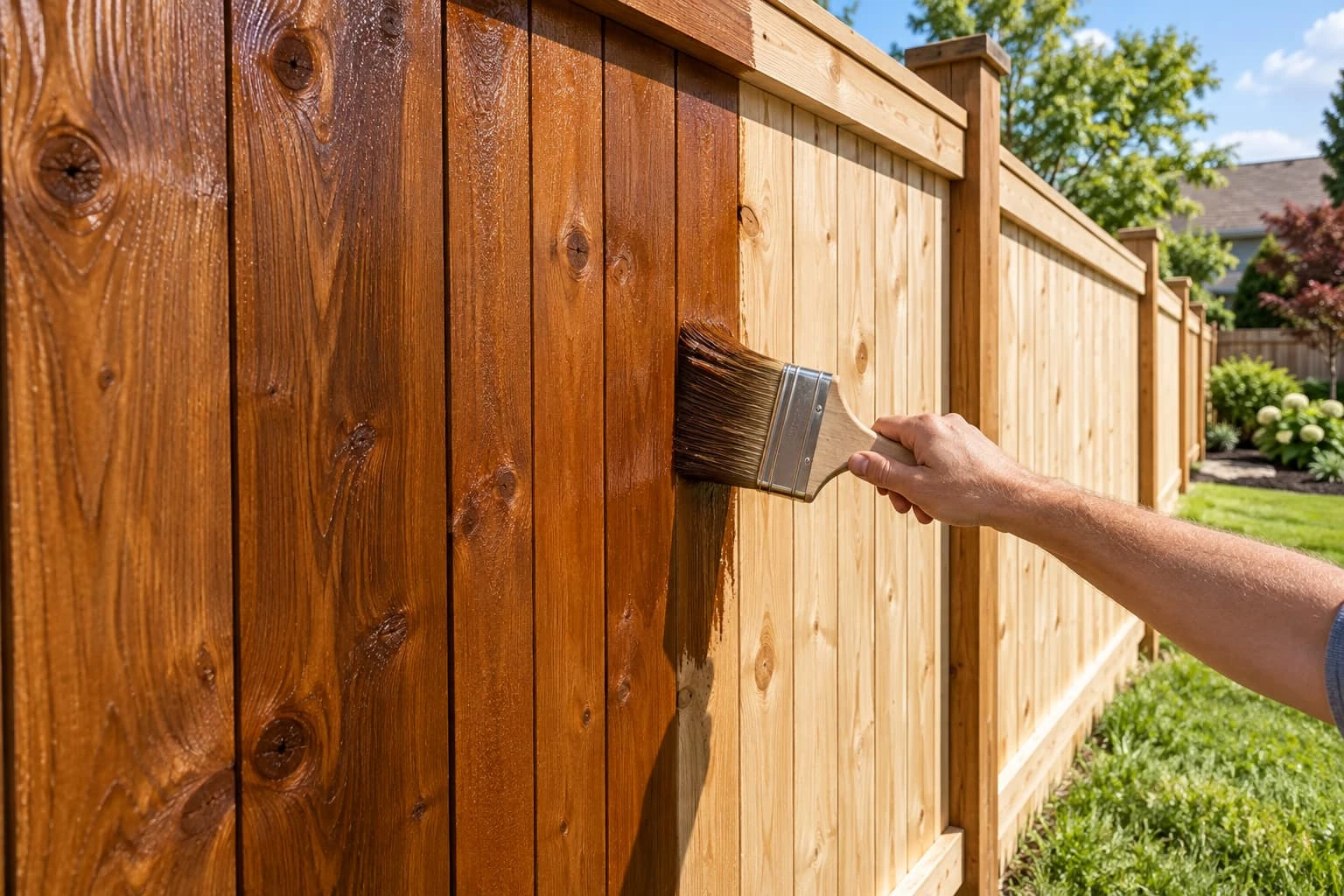Fresh stain being applied to a clean wooden fence