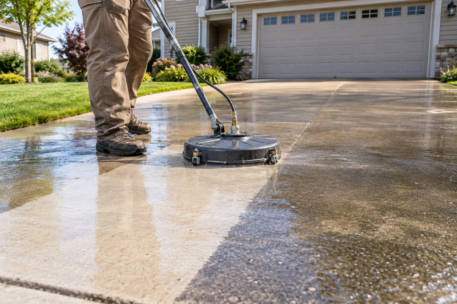Round surface cleaner washing a concrete driveway with a garage in the background