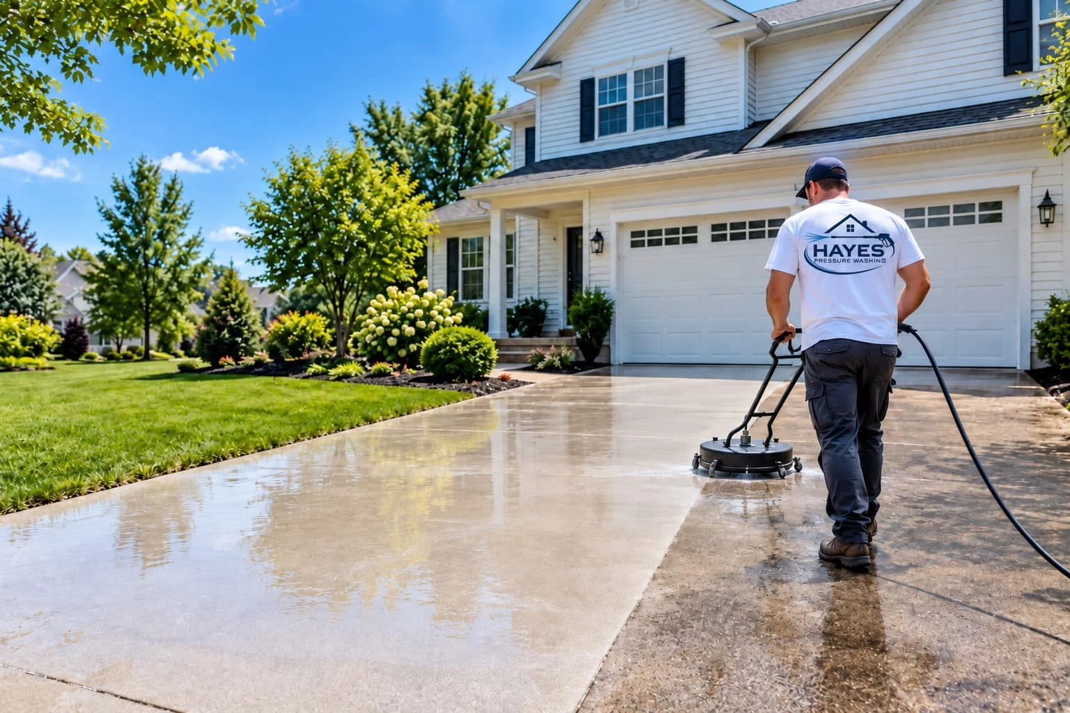 Pressure washing a concrete driveway with a surface cleaner at a home in Ozaukee County, Wisconsin