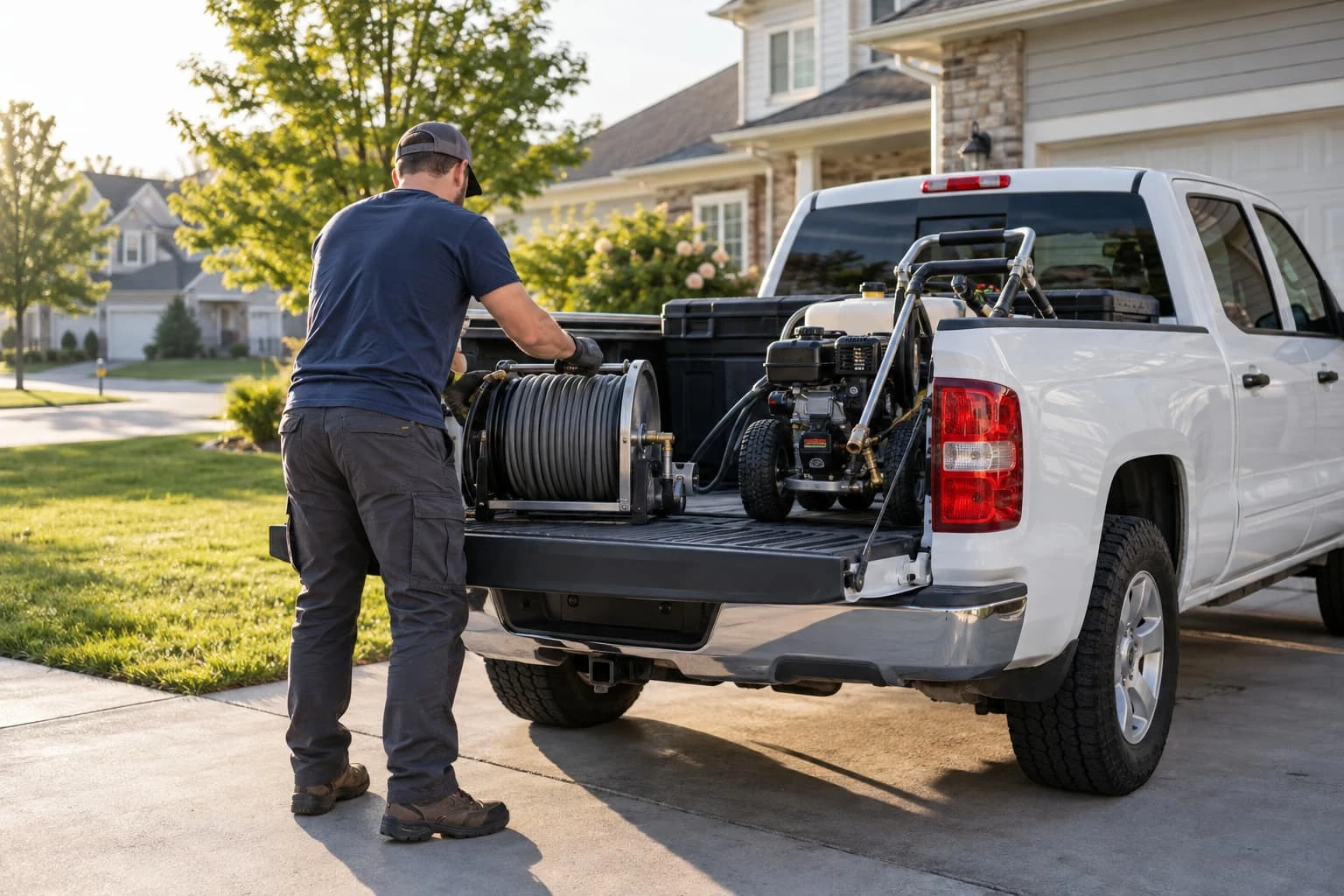 Pressure washing equipment being loaded into a pickup truck